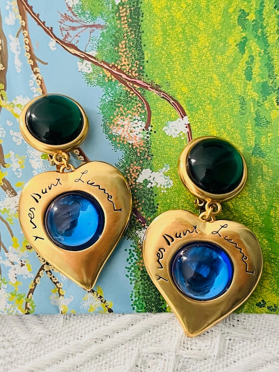Yves Saint Laurent YSL Large Heart Logo Gripoix Emerald Sapphire