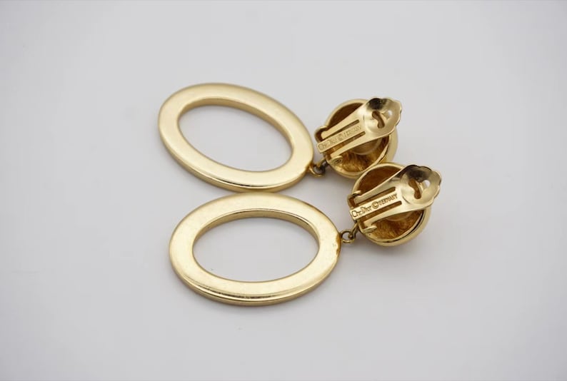 Christian Dior Vintage 1980s Logo Long Oval Hoop Statement Drop Clip Earrings, Gold, Mum, Wife, Girl, Him, Y2K, Anniversary, Birthday Gift image 10