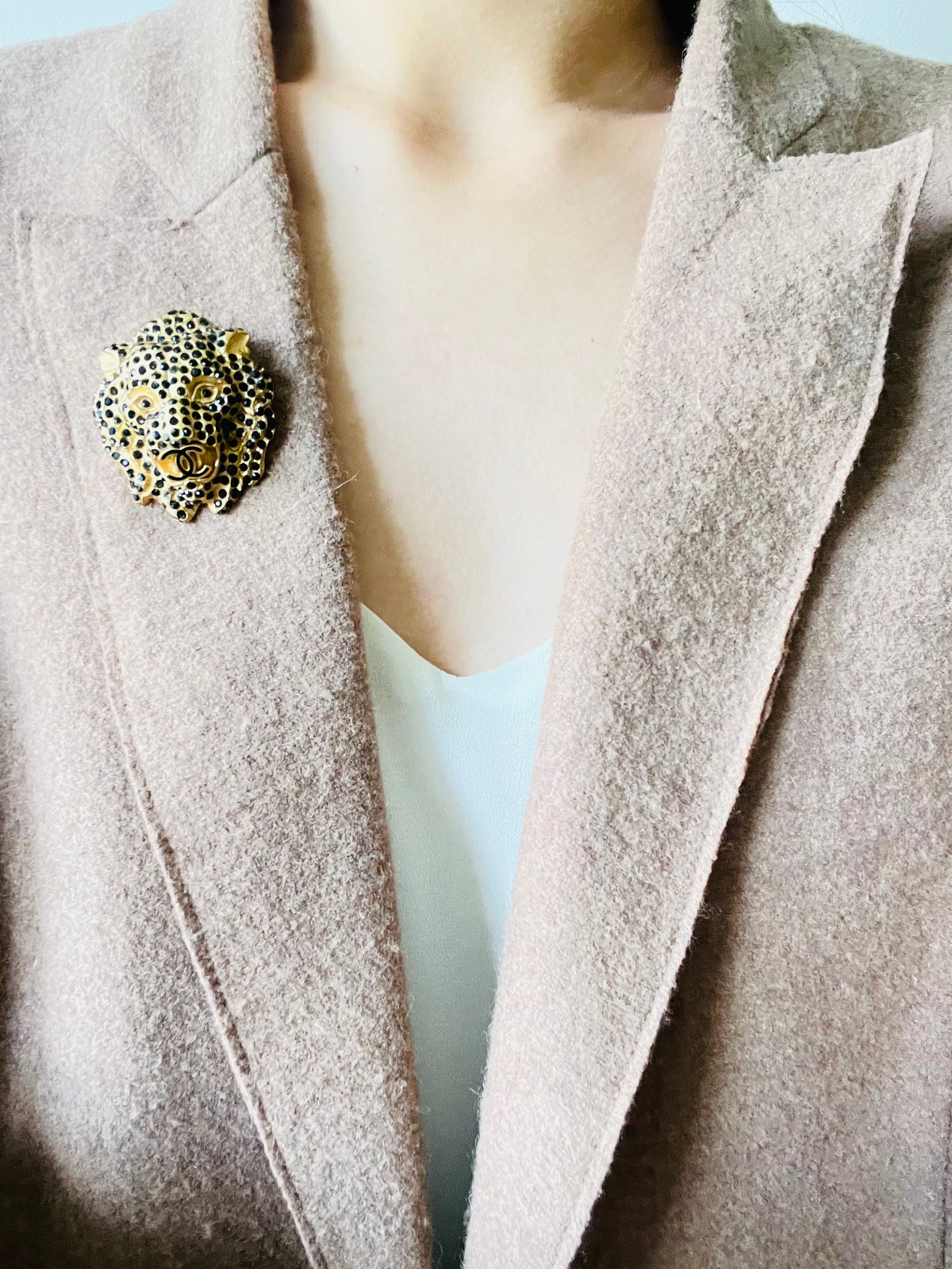 Chanel Vintage 2001 Lion Head Black Crystals Logo Coco CC Brooch