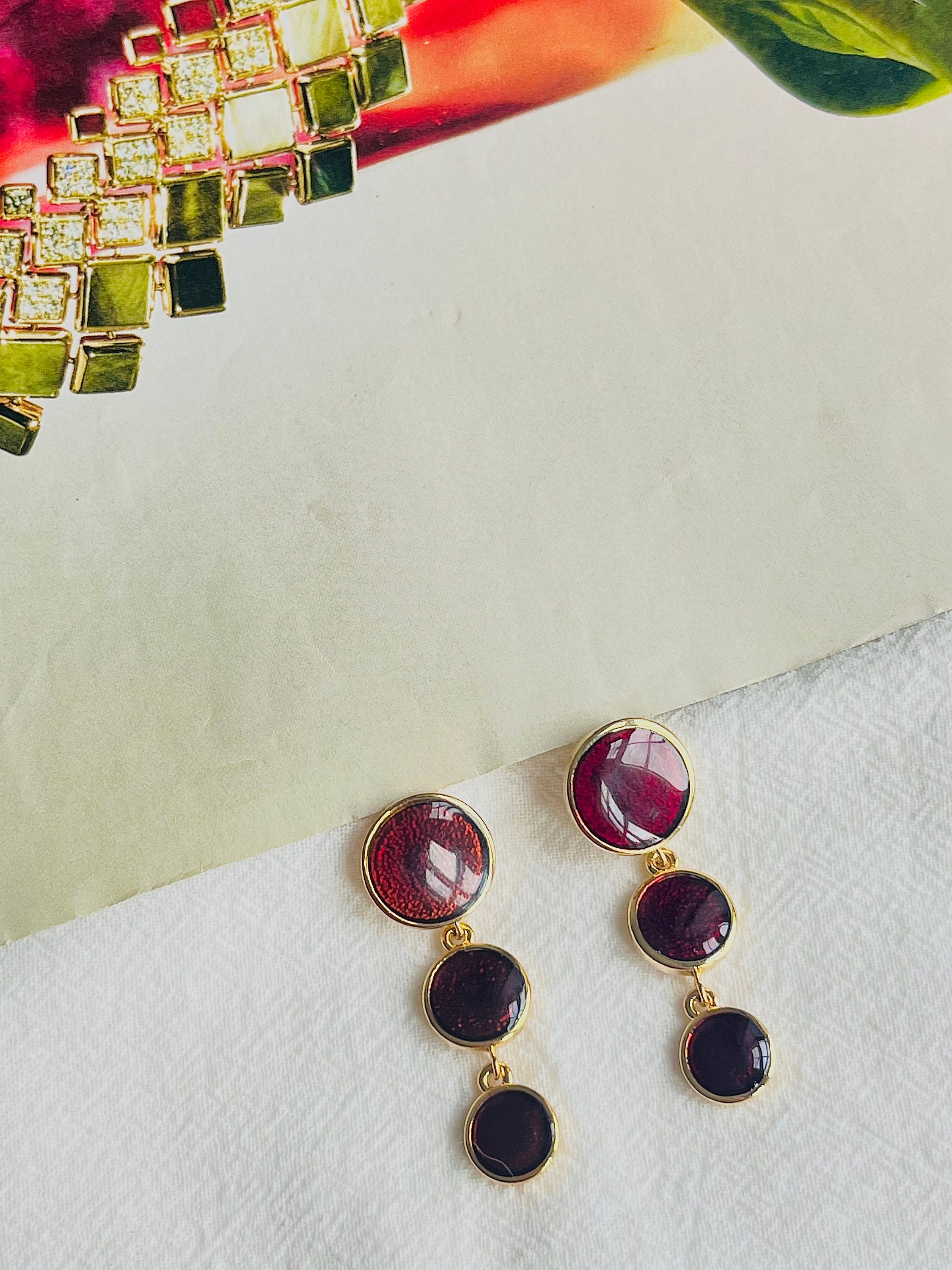 Burgundy Red Enamel Trio Round Circle Button Tassel Long Drop Pierced ...