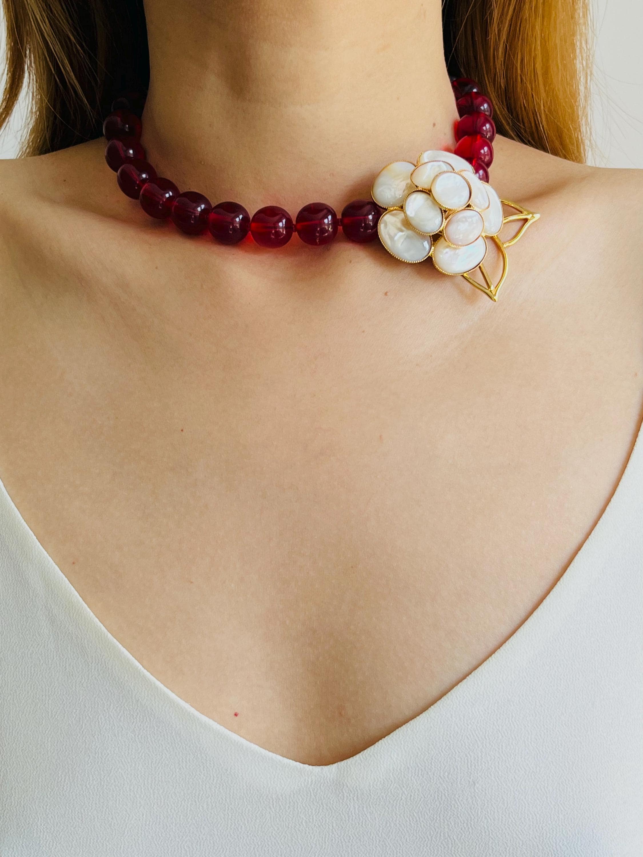 Philippe Ferrandis Gripoix White Mother Pearl Camellia Flower Red
