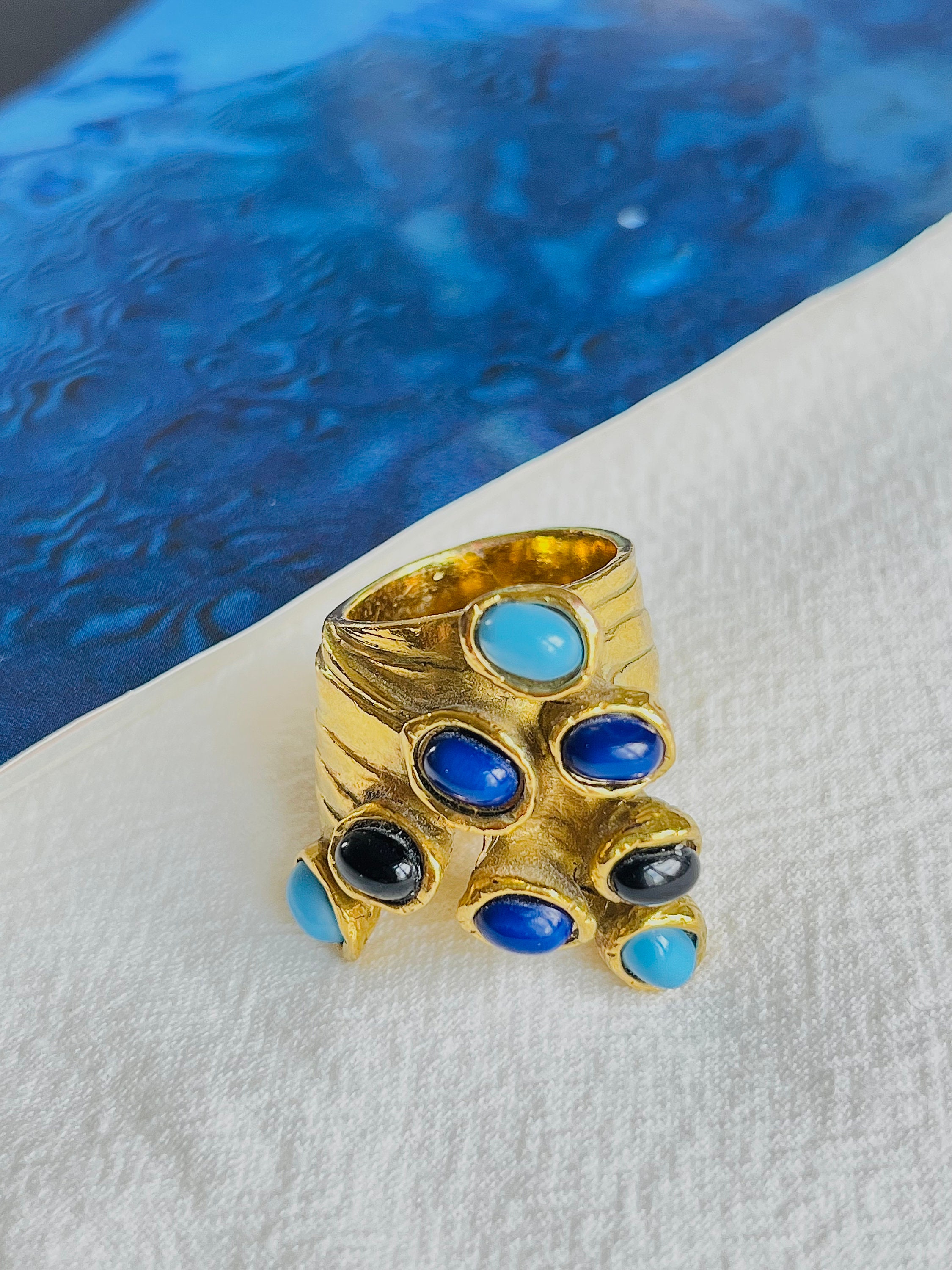 Yves Saint Laurent YSL Arty Navy Blue Black Dots Enamel Chunky