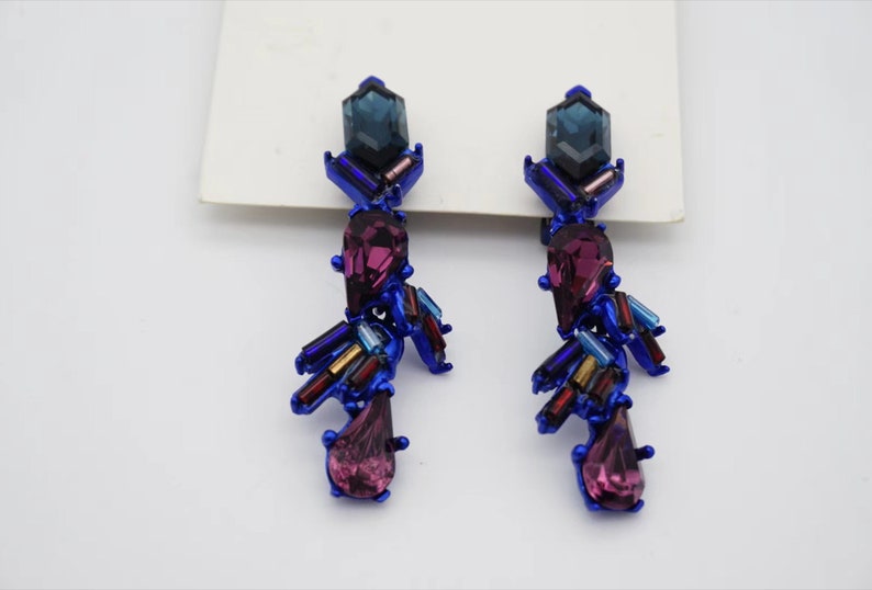 Christian Lacroix Vintage 1980s Crystals Navy Purple Iridescent Rocaille Clip On Earrings, Mom, Girl, Wife, Y2K, Anniversary, Birthday Gift image 6