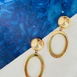 Christian Dior Vintage 1980s Logo Long Oval Hoop Statement Drop Clip Earrings, Gold, Mum, Wife, Girl, Him, Y2K, Anniversary, Birthday Gift image 3