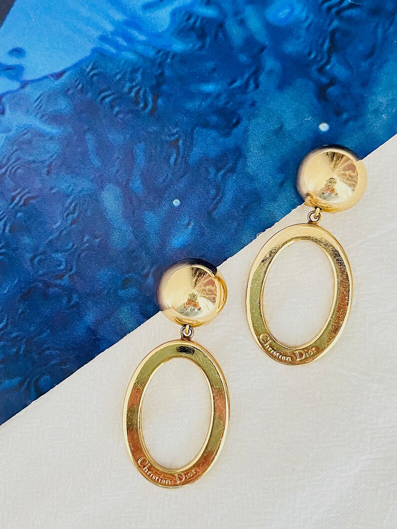 Christian Dior Vintage 1980s Logo Long Oval Hoop Statement Drop Clip Earrings, Gold, Mum, Wife, Girl, Him, Y2K, Anniversary, Birthday Gift image 3