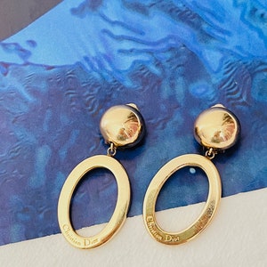 Christian Dior Vintage 1980s Logo Long Oval Hoop Statement Drop Clip Earrings, Gold, Mum, Wife, Girl, Him, Y2K, Anniversary, Birthday Gift image 2