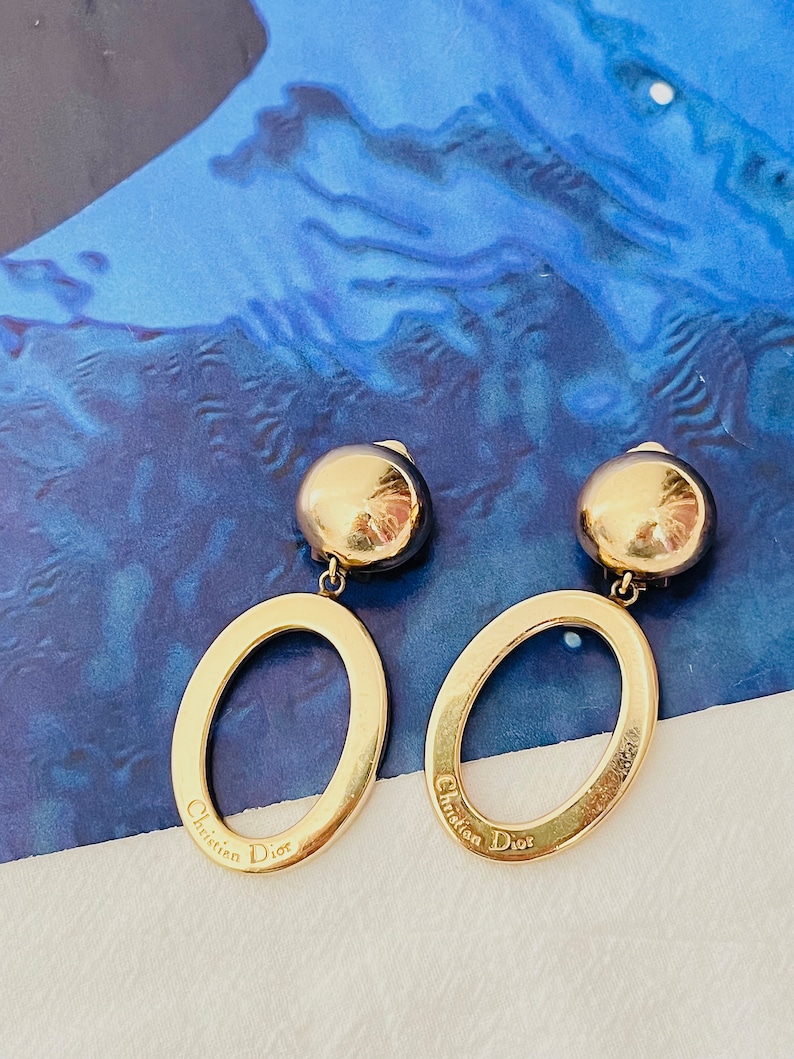 Christian Dior Vintage 1980s Logo Long Oval Hoop Statement Drop Clip Earrings, Gold, Mum, Wife, Girl, Him, Y2K, Anniversary, Birthday Gift image 2