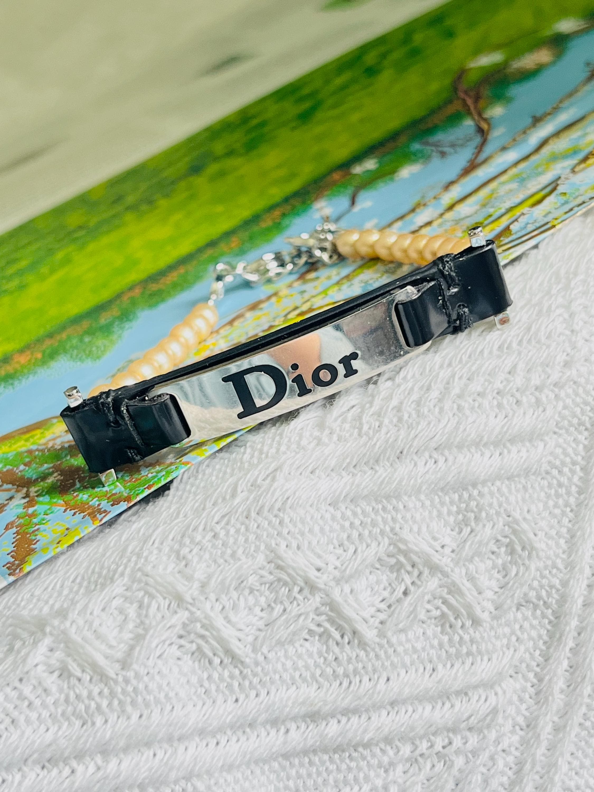 CHRISTIAN DIOR John Galliano Pearls Black Leather Silver Logo