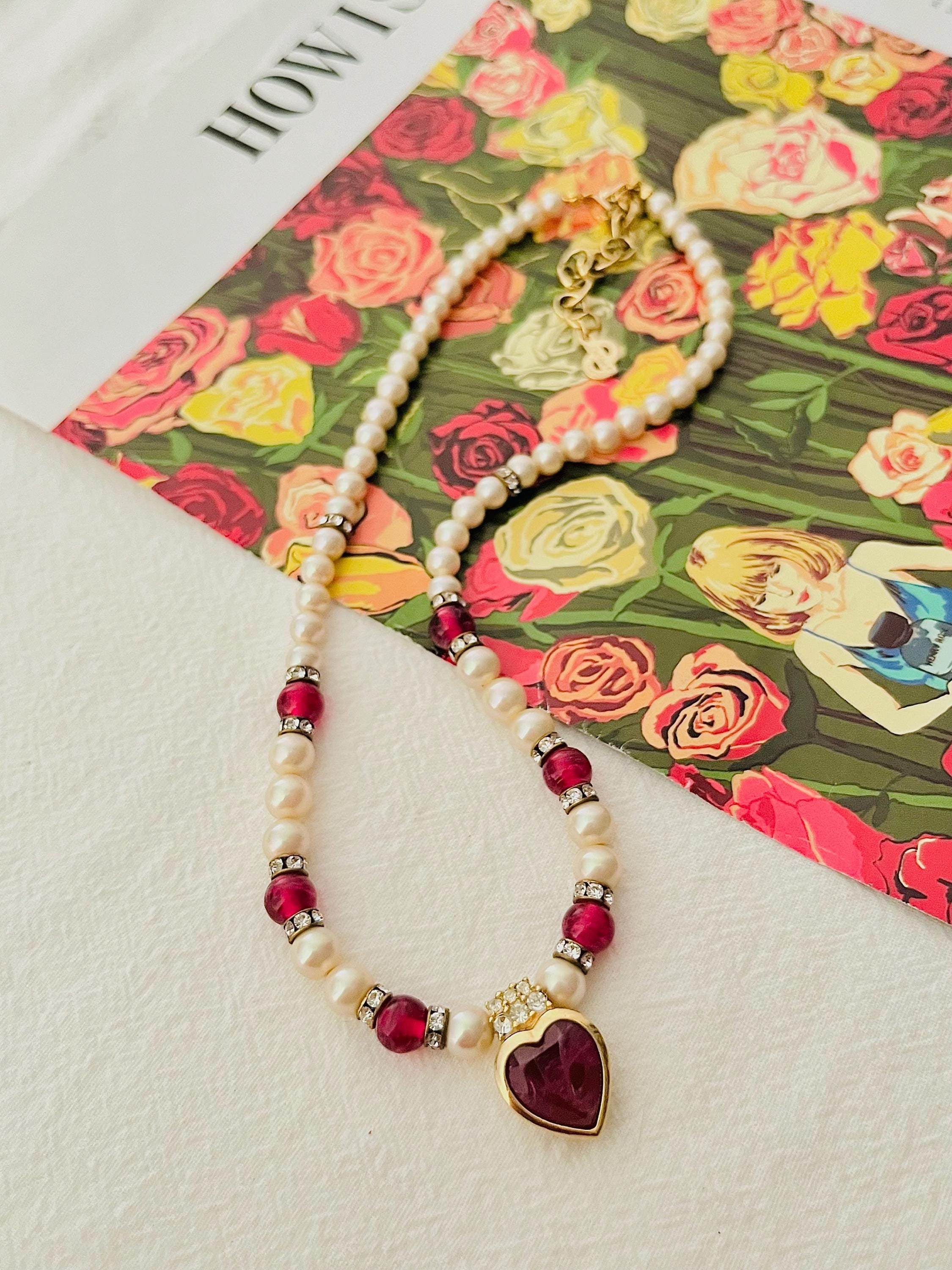 Christian Dior Vintage 1980s Ruby Heart White Pearls Cabochon