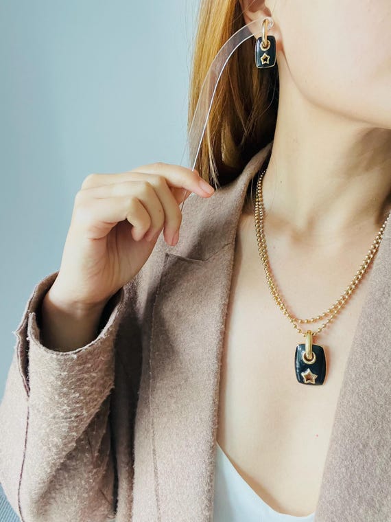Givenchy Vintage Black Rectangle Circle Star Pend… - image 6