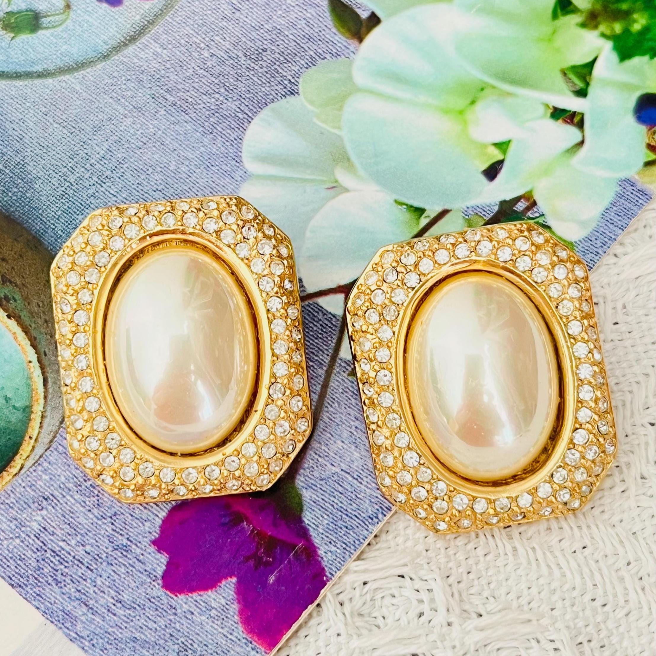 Christian Dior Vintage 1980s Huge Octagon White Oval Pearl