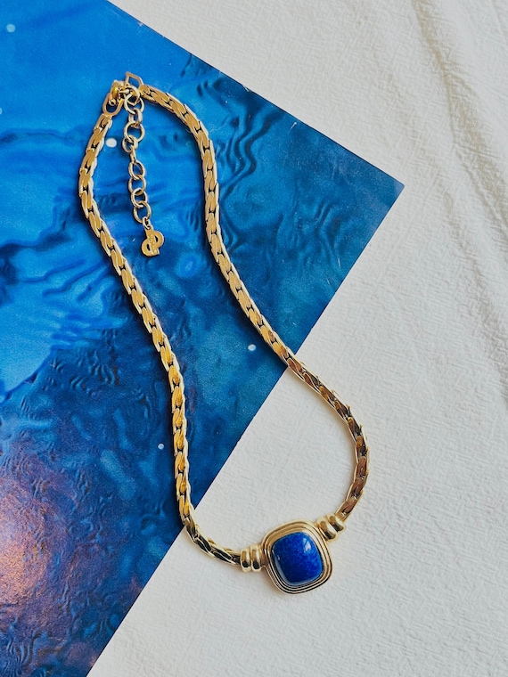 Christian Dior Vintage 1980s Lapis Navy Rectangle Cabochon Pendant