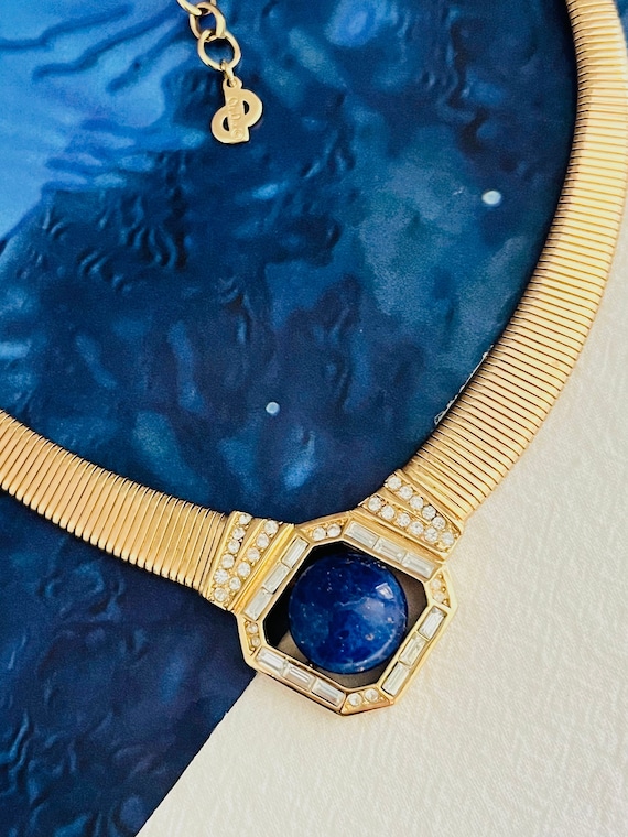 Christian Dior Vintage 1980s Lapis Foil Cabochon Crystals Ribbed