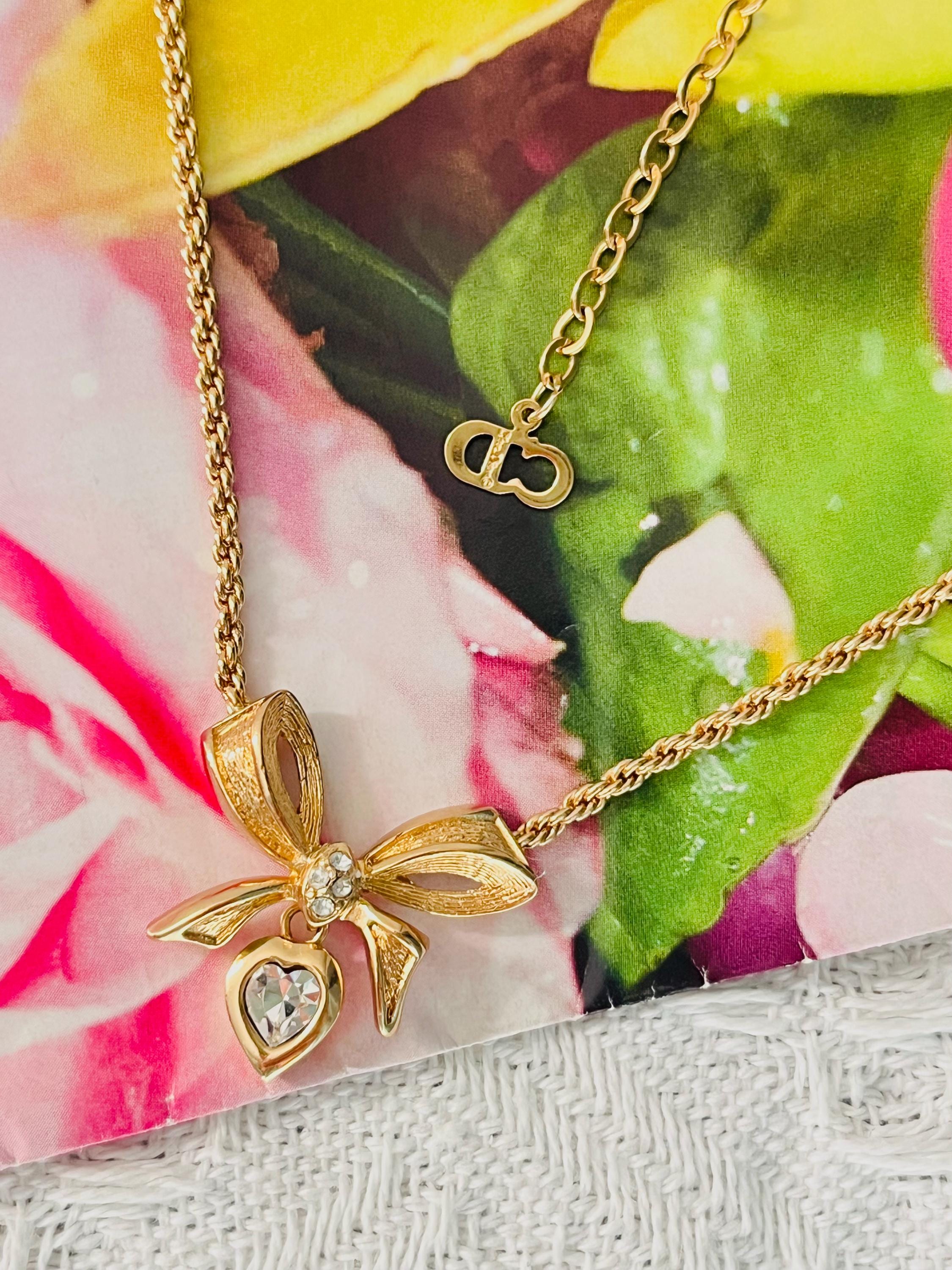 Christian Dior Vintage 1980s Crystals Knot Bow Dangle Drop Heart