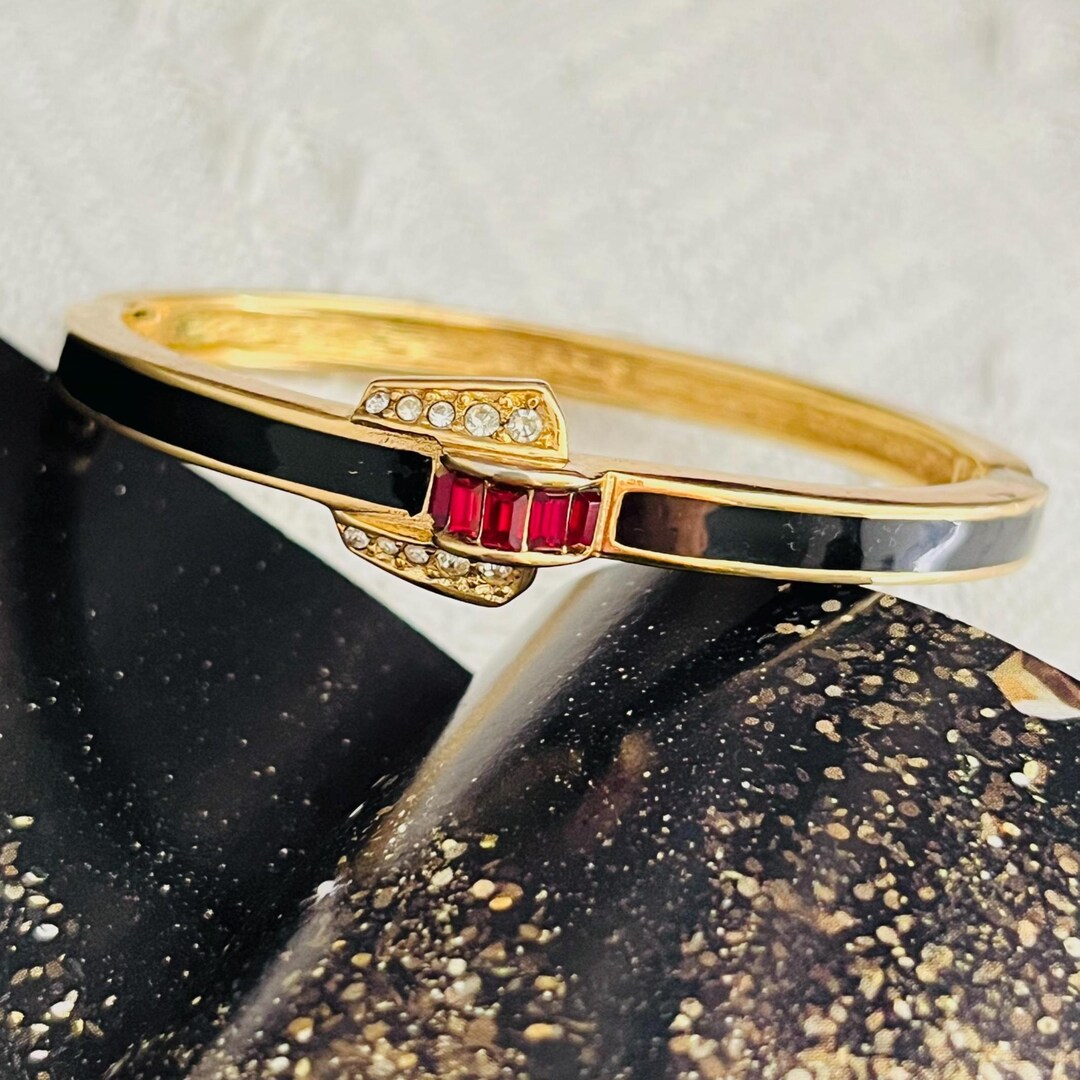 Christian Dior Vintage 1980s Black Enamel Ruby Crystals Cuff