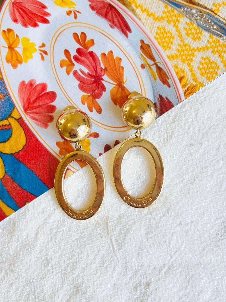 Christian Dior Vintage 1980s Logo Long Oval Hoop Statement Drop Clip Earrings, Gold, Mum, Wife, Girl, Him, Y2K, Anniversary, Birthday Gift image 4