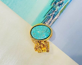 Yves Saint Laurent YSL Arty Turquoise Cabochon Statement Chunky Ring, US 6, Gold, Mom, Girl, Wife, Y2K, Him, Men, Anniversary, Birthday Gift