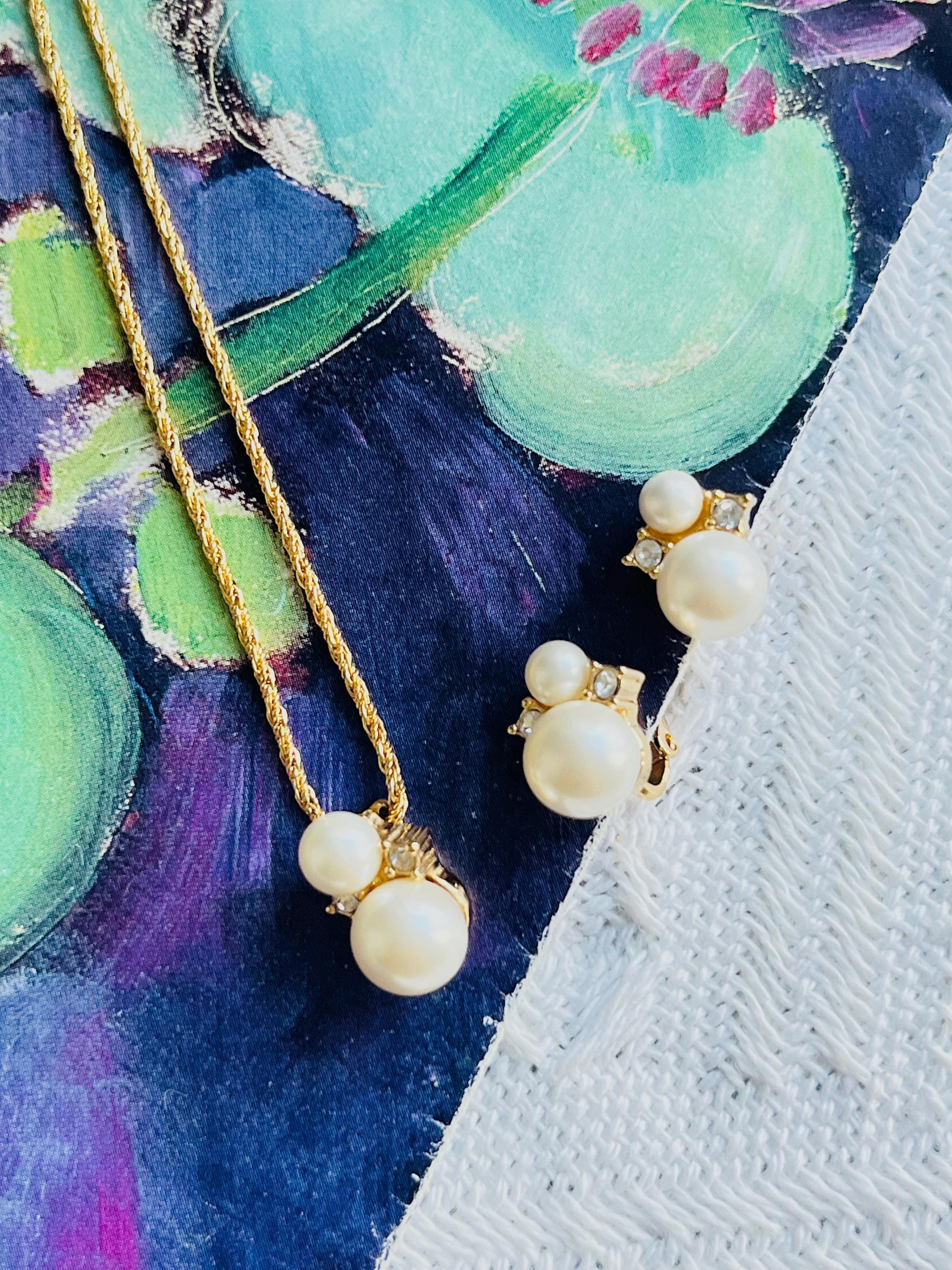 Christian Dior Vintage 1980s Double White Round Pearls Crystals