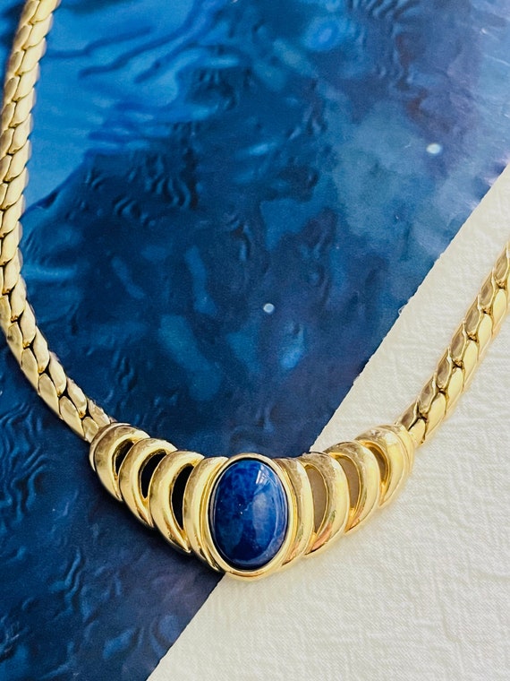 Christian Dior Vintage 1980s Large Oval Lapis Navy Cabochon