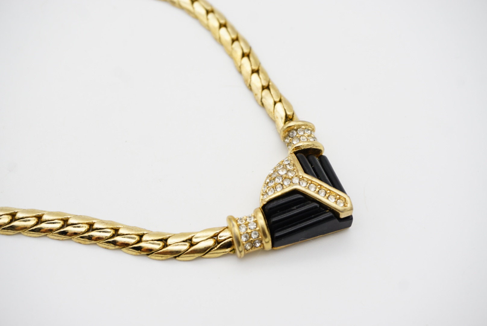 Christian Dior Vintage 1970 Crystals Black Triangle Arc Chunky
