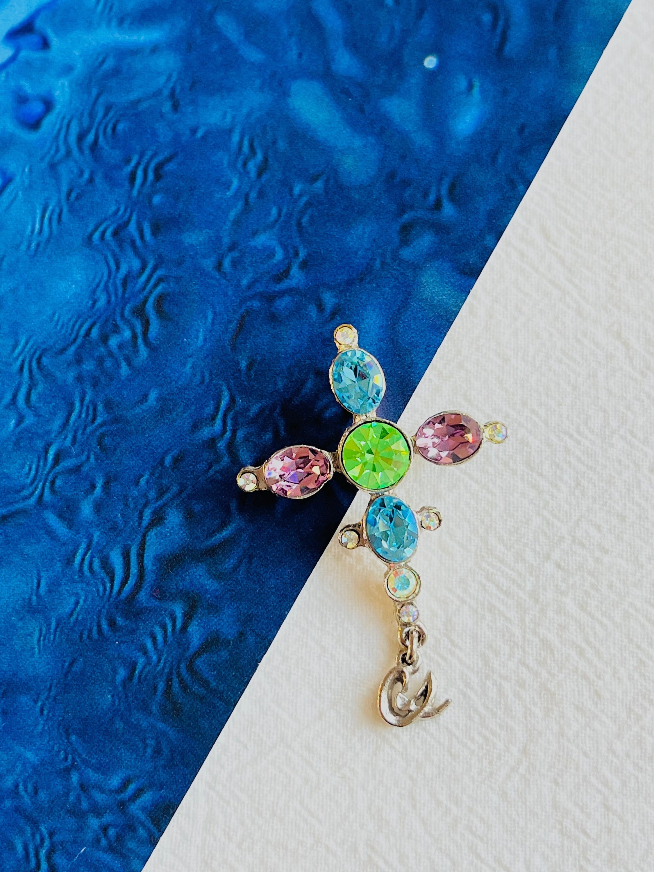 Christian Lacroix Vintage Cross Blue Pink Green Crystals Pendant