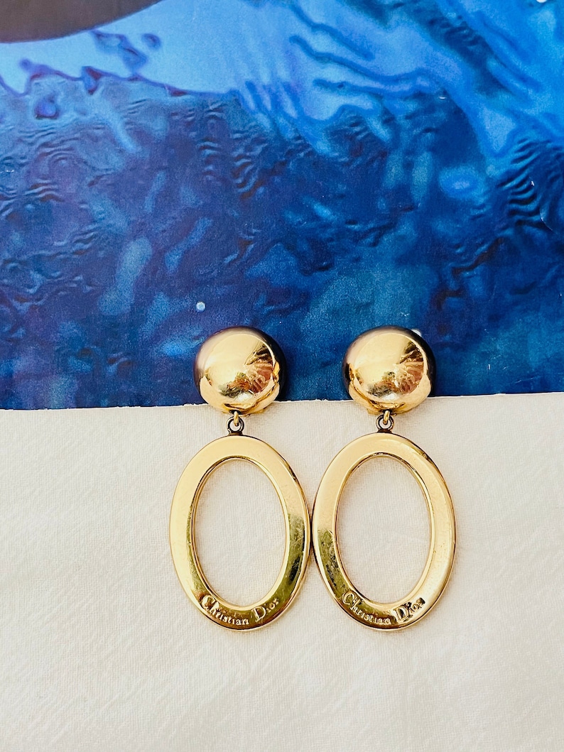 Christian Dior Vintage 1980s Logo Long Oval Hoop Statement Drop Clip Earrings, Gold, Mum, Wife, Girl, Him, Y2K, Anniversary, Birthday Gift image 1