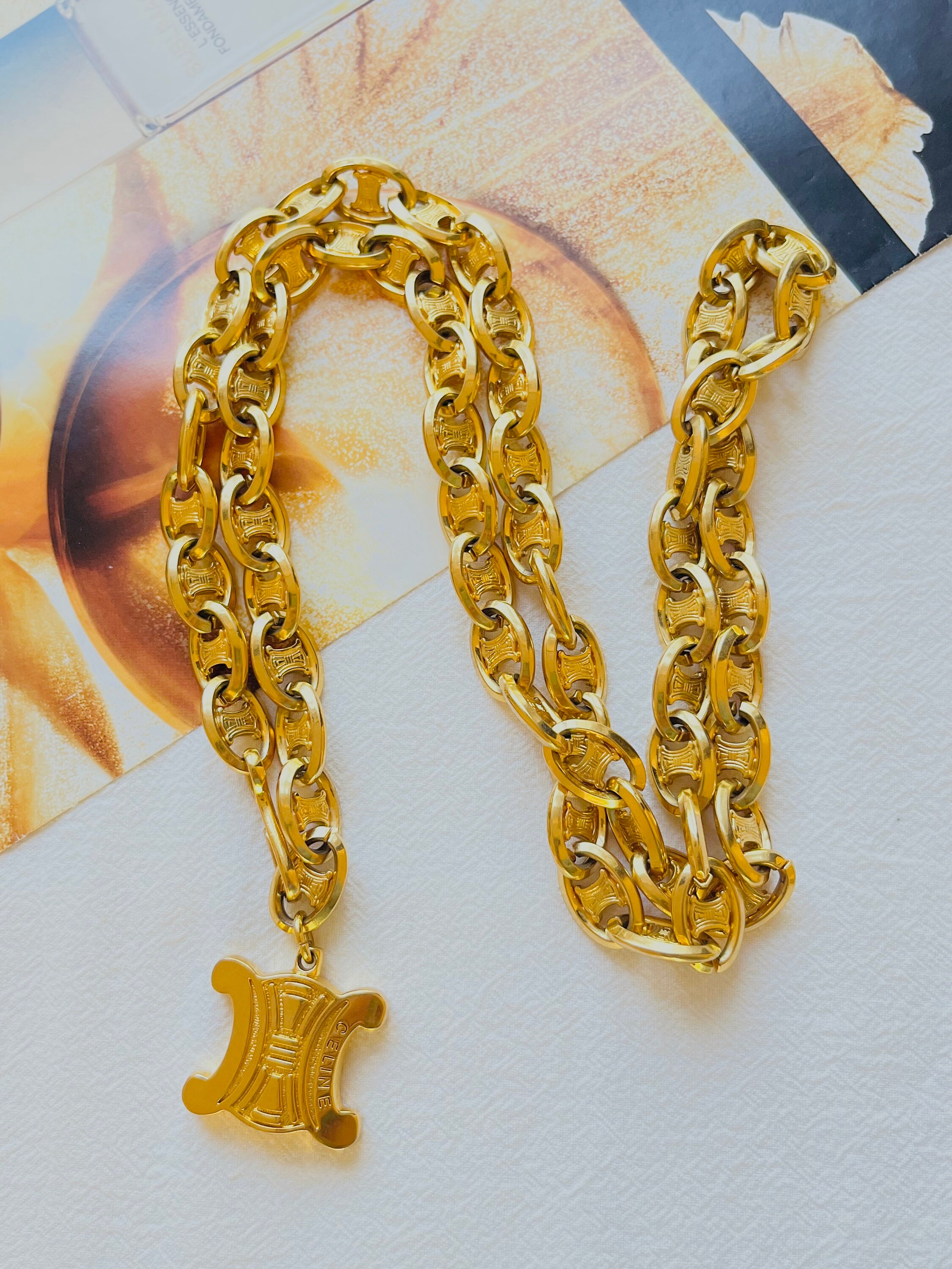 Vintage 1990s Triomphe Celine chain belt. You can also wear it as a necklace! Celine Vintage Unisex Triumph Pendant Iconic Logo Chain  main image 3