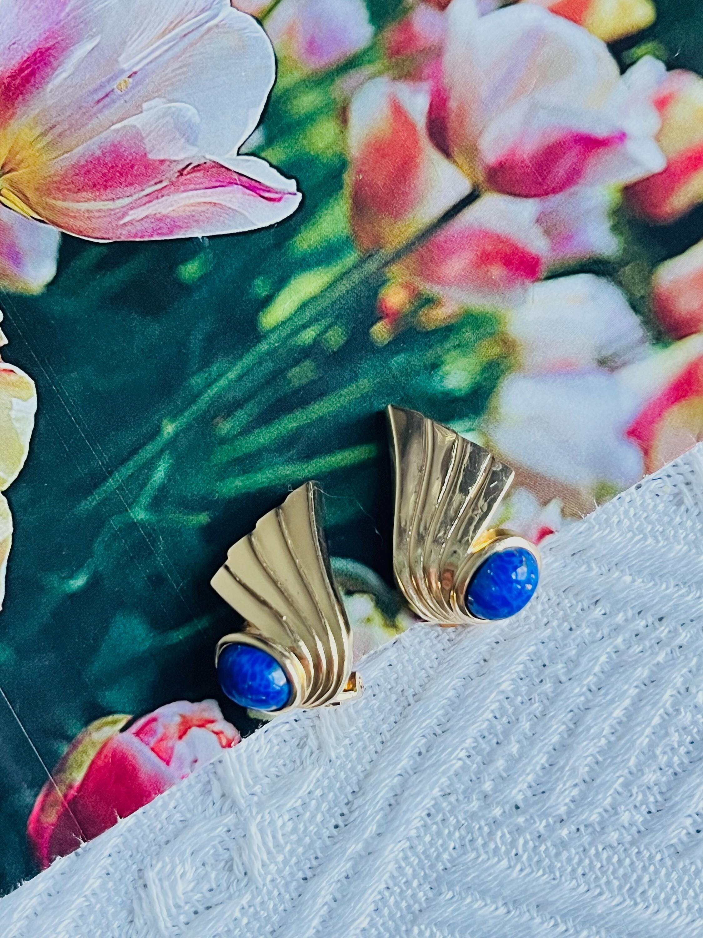 超希少】 Christian Dior 1960s ブルーラインストーンブローチ Christian Dior Vintage 1980 Foil Lapis Oval Cabochon Wing Feather
