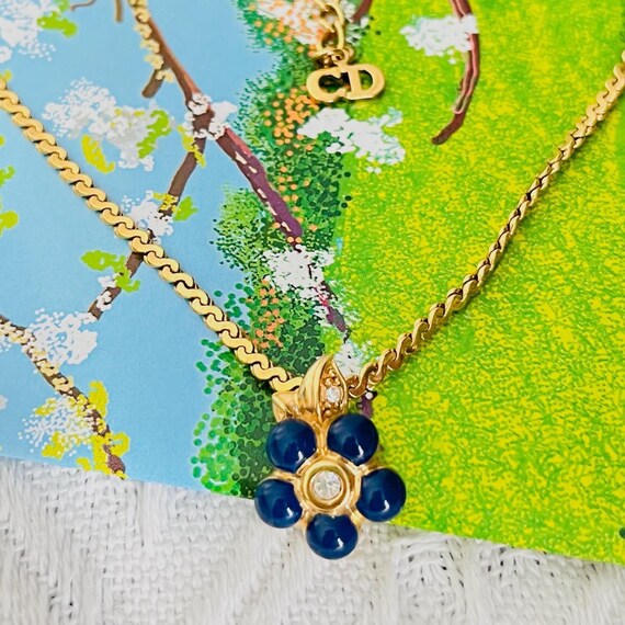 Christian Dior Vintage 1980 Navy Enamel Cute Flower Leaf Crystals Necklace, Gold, Mom, Y2K, Girl, Wife, Anniversary, Wedding, Birthday Gift