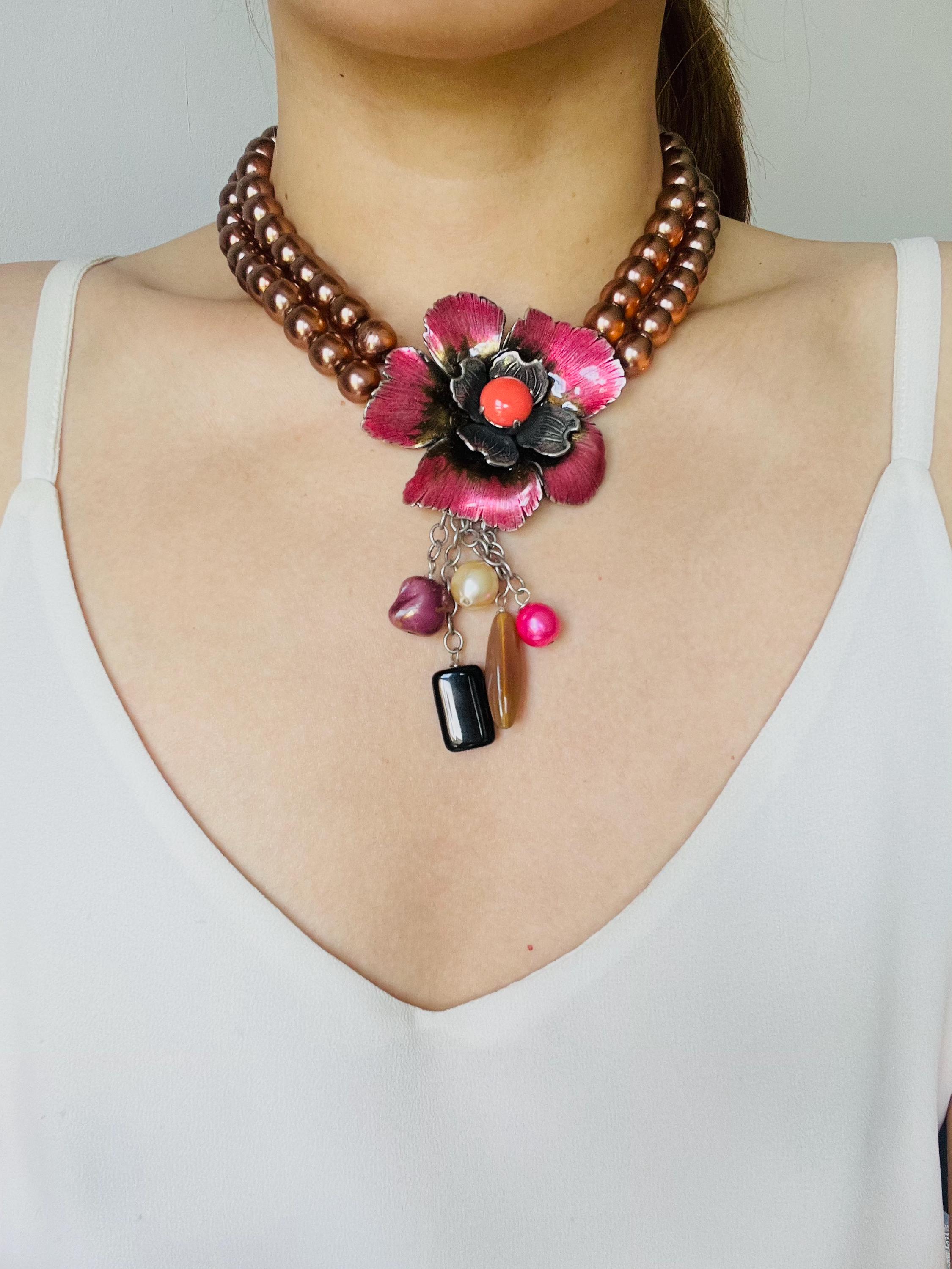 Philippe Ferrandis フラワーネックレス Philippe Ferrandis Vintage Large Camellia Flower Layer Red Pearls