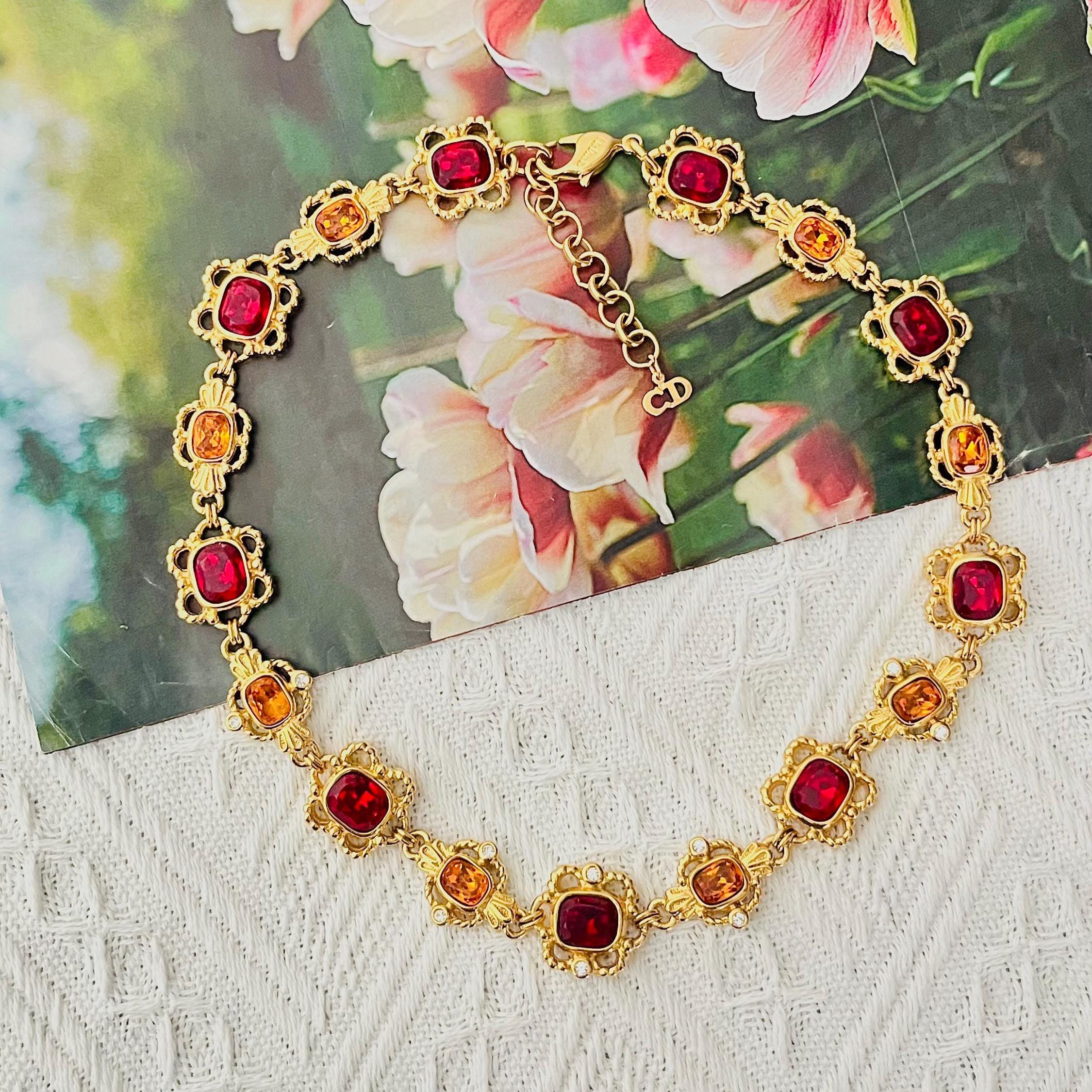 Christian Dior Vintage Oval Ruby Citrine Topaz Openwork Flower
