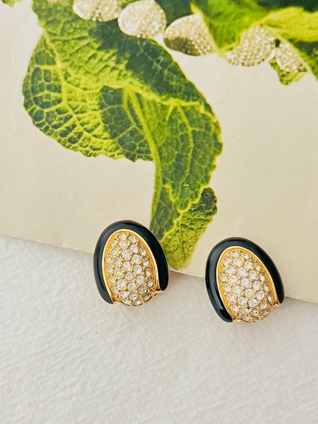 アクセサリー Vintage Christian Dior Design Pierce Christian Dior Vintage 1980s Oval Whole Crystal Black Enamel Clip