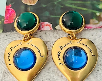 Yves Saint Laurent YSL Large Heart Logo Gripoix Emerald Sapphire