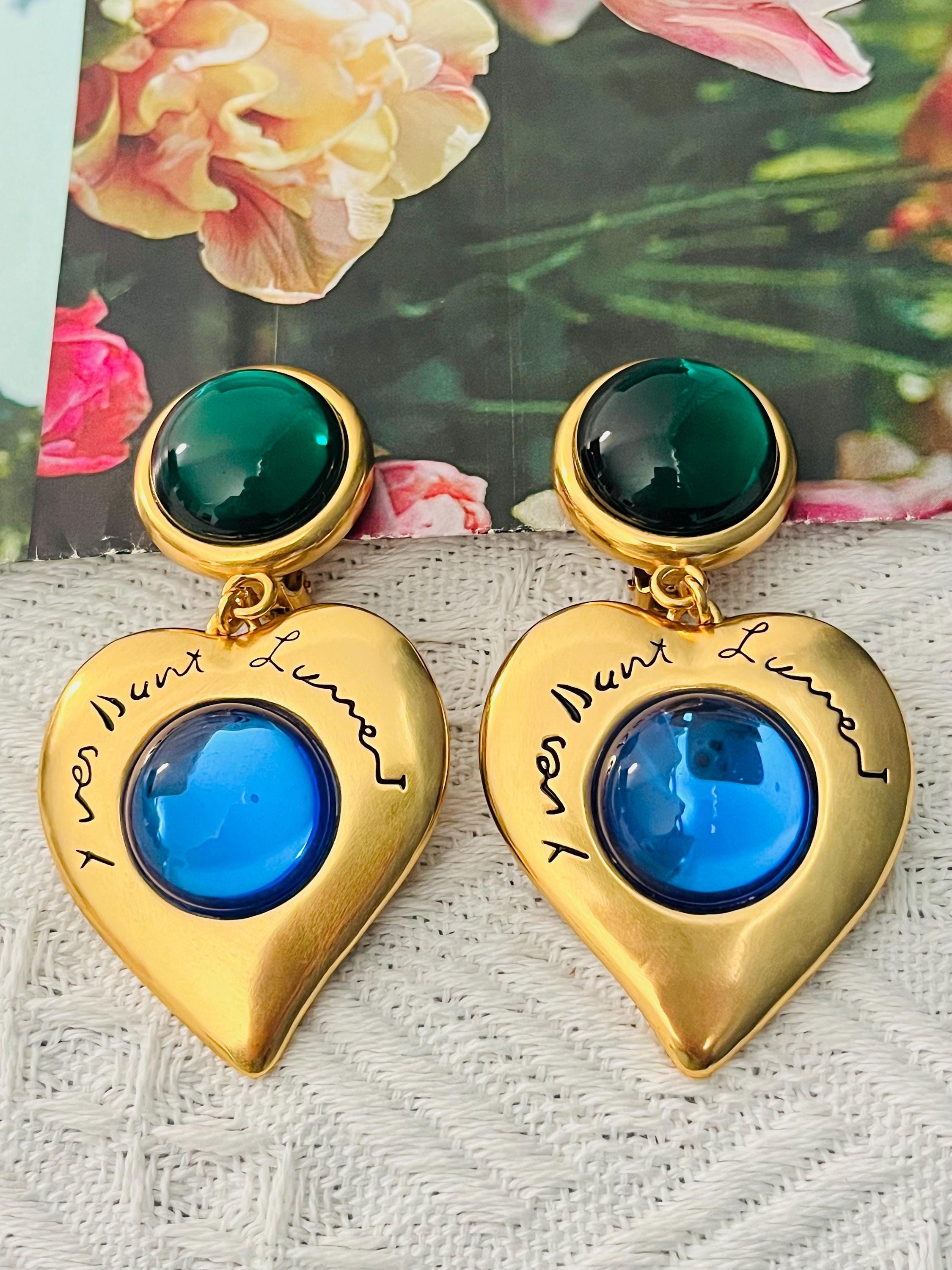 Yves Saint Laurent YSL Large Heart Logo Gripoix Emerald Sapphire