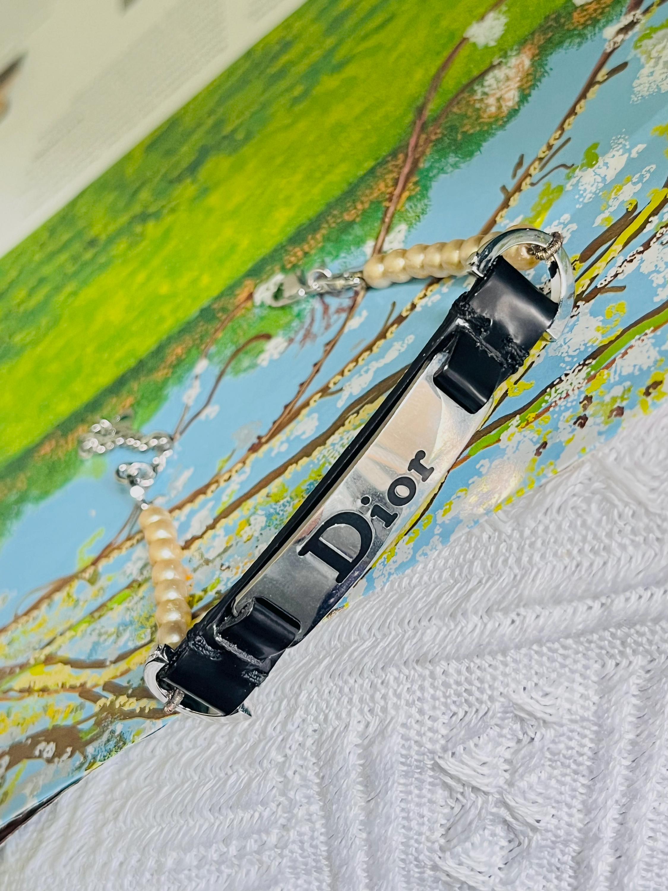 CHRISTIAN DIOR John Galliano Pearls Black Leather Silver Logo
