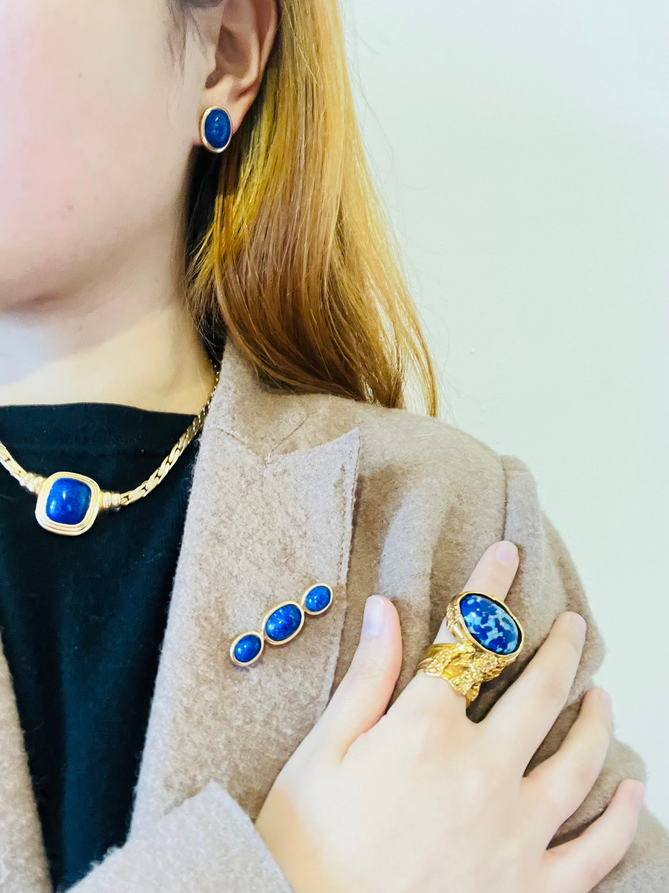 Christian Dior Vintage 1980 Lapis Navy Oval Foil Pearl Stone