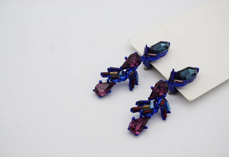 Christian Lacroix Vintage 1980s Crystals Navy Purple Iridescent Rocaille Clip On Earrings, Mom, Girl, Wife, Y2K, Anniversary, Birthday Gift image 8