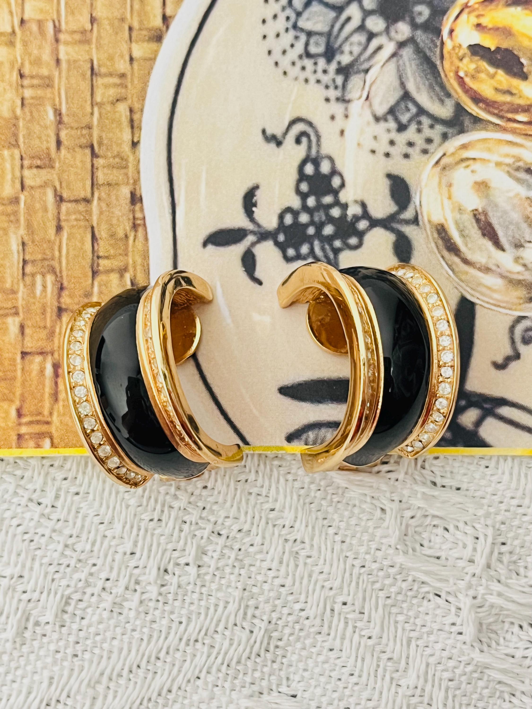 Christian Dior 1980s Vintage Black Enamel Crystals Dome Hoop Clip