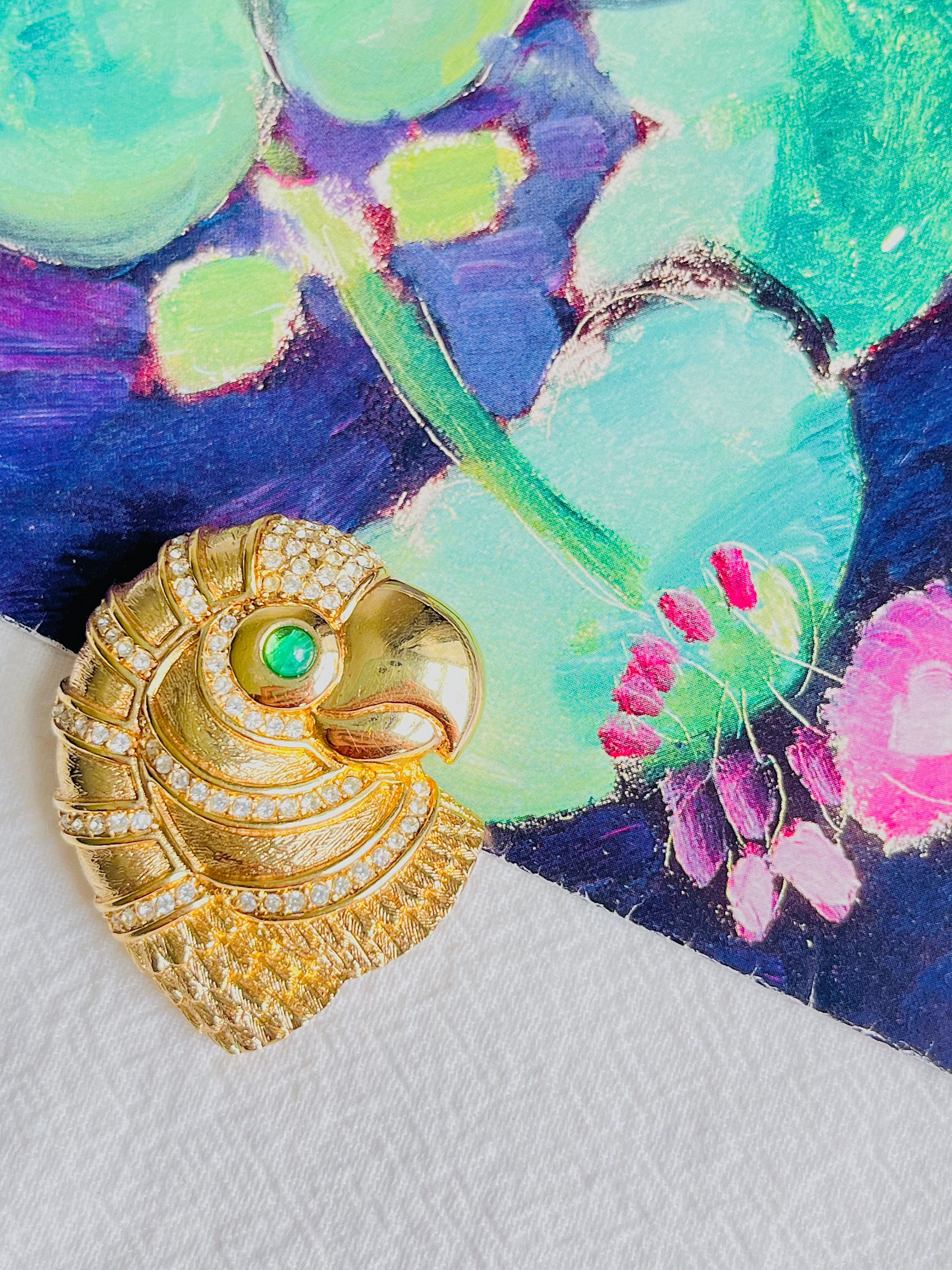 Christian Dior 1980s Vintage Gripoix Emerald Eye Parrot Bird