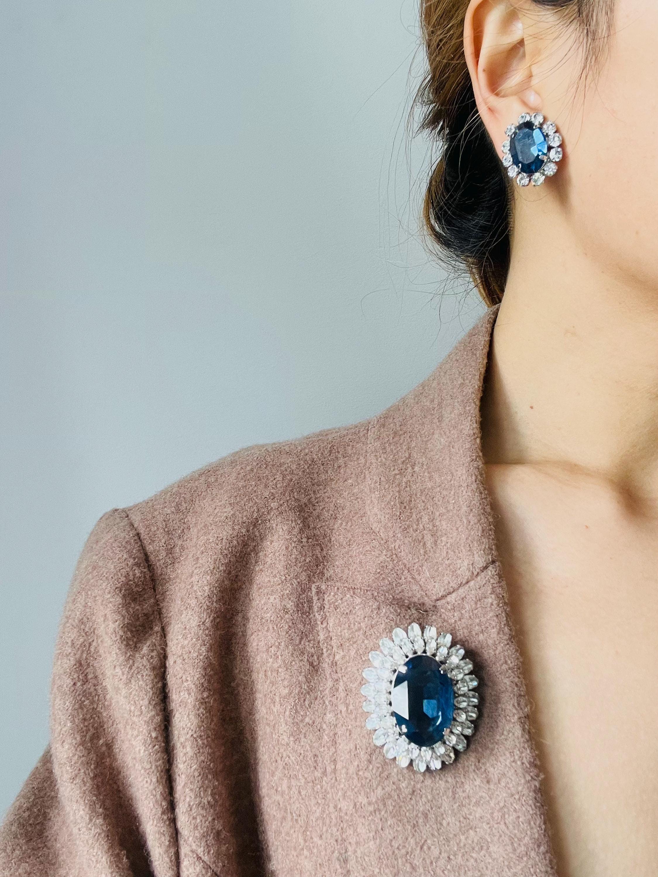Christian Dior Vintage 1968 Oval Sapphire Navy Circle Crystals