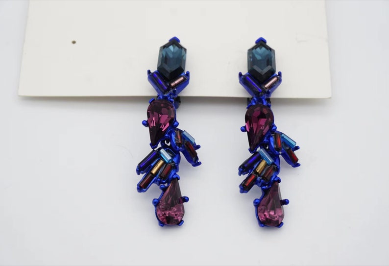 Christian Lacroix Vintage 1980s Crystals Navy Purple Iridescent Rocaille Clip On Earrings, Mom, Girl, Wife, Y2K, Anniversary, Birthday Gift image 7