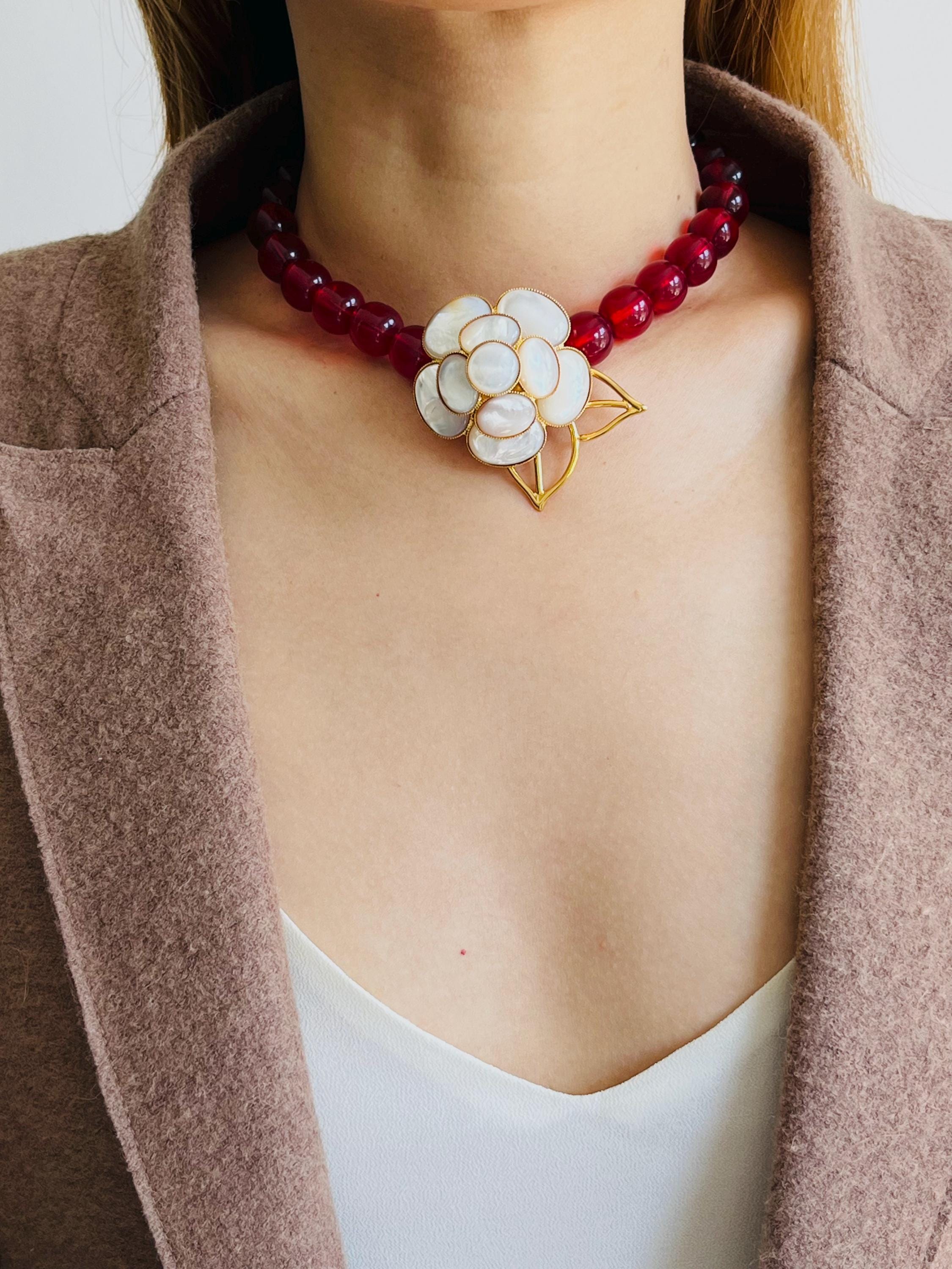 Philippe Ferrandis Gripoix White Mother Pearl Camellia Flower Red