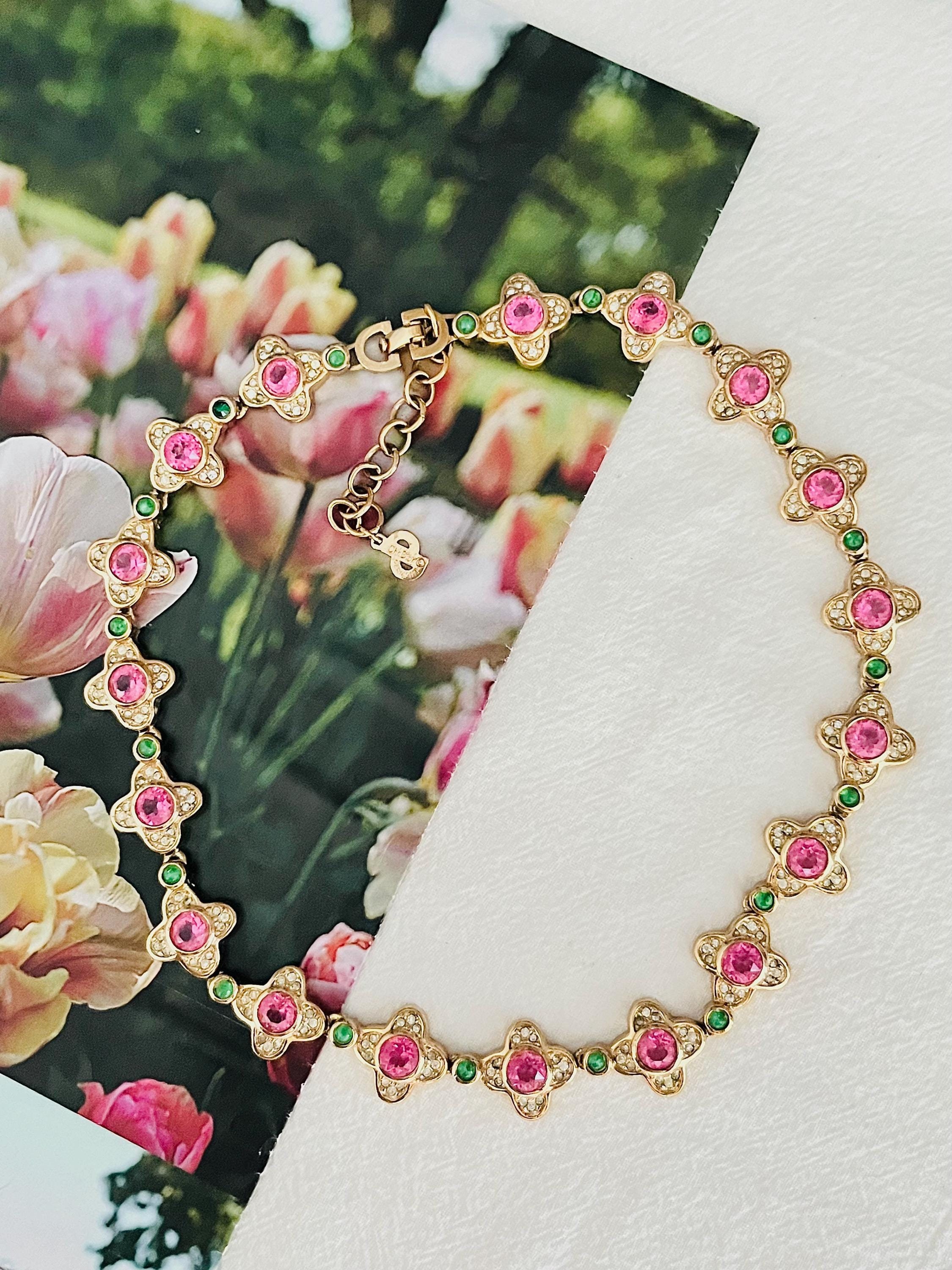 Christian Dior Vintage 1970s Pink Clover Flower Emerald Dots