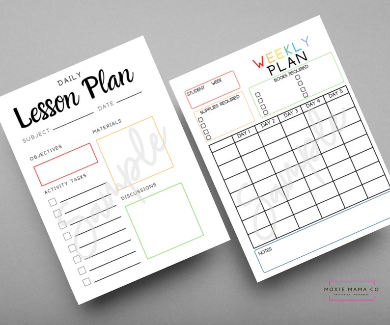 Homeschool Daily & Weekly Lesson Plan Pages Homeschool Planner 2 Pages Instant Download PDF image 1