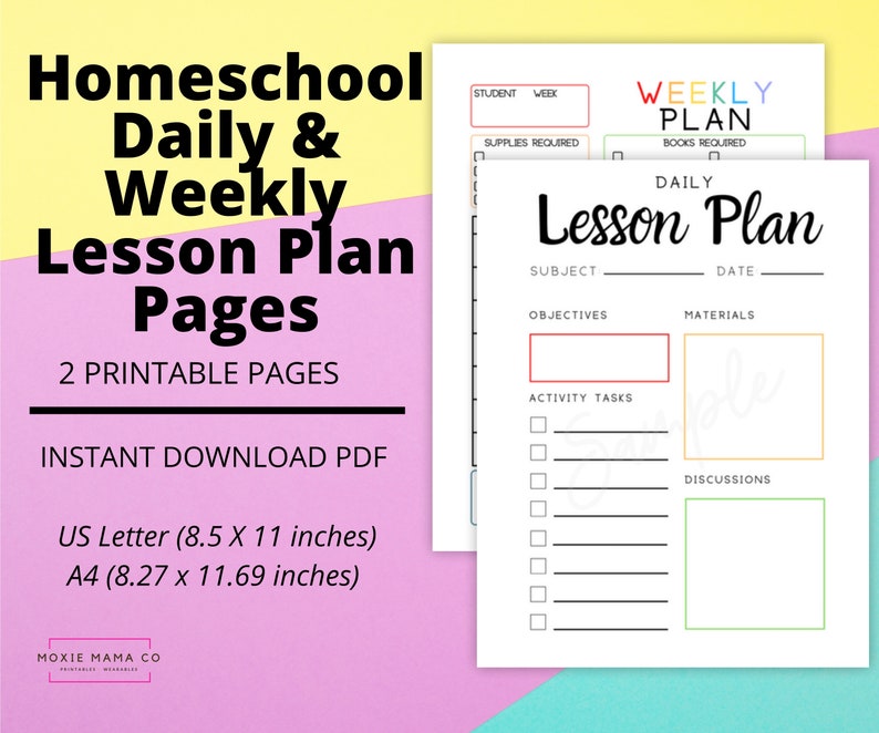 Homeschool Daily & Weekly Lesson Plan Pages Homeschool Planner 2 Pages Instant Download PDF image 3