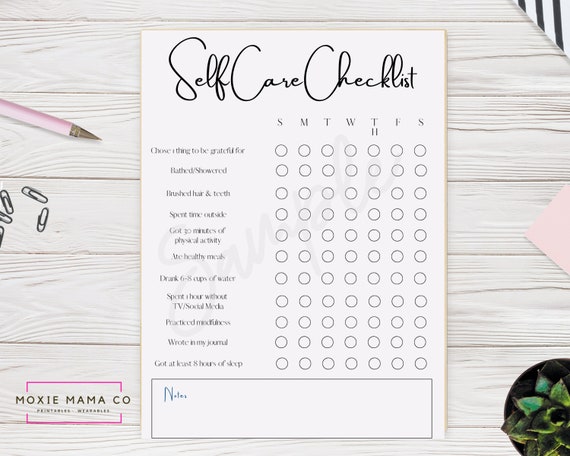 Grey and Black Self Care Checklist  Instant Download  PDF