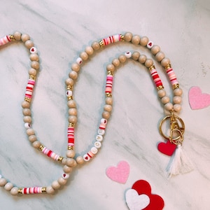 Valentine’s Day teacher lanyard, Valentine’s Day lanyard, v day gift for teacher, love lanyard, wooden lanyard, polymer clay beaded lanyard