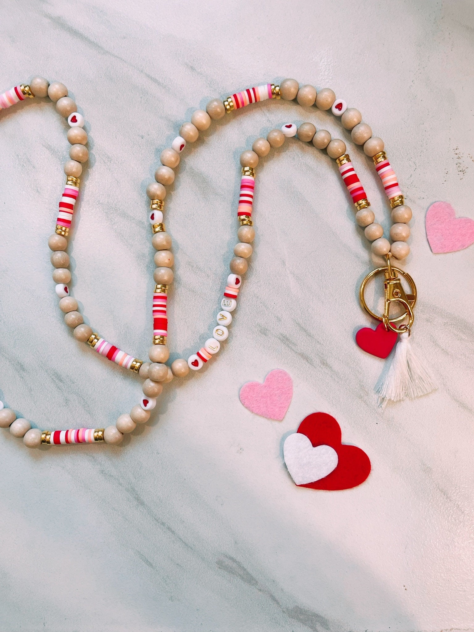 Wooden Bead Garland, Valentine's Day Red, White, Pink, With Heart