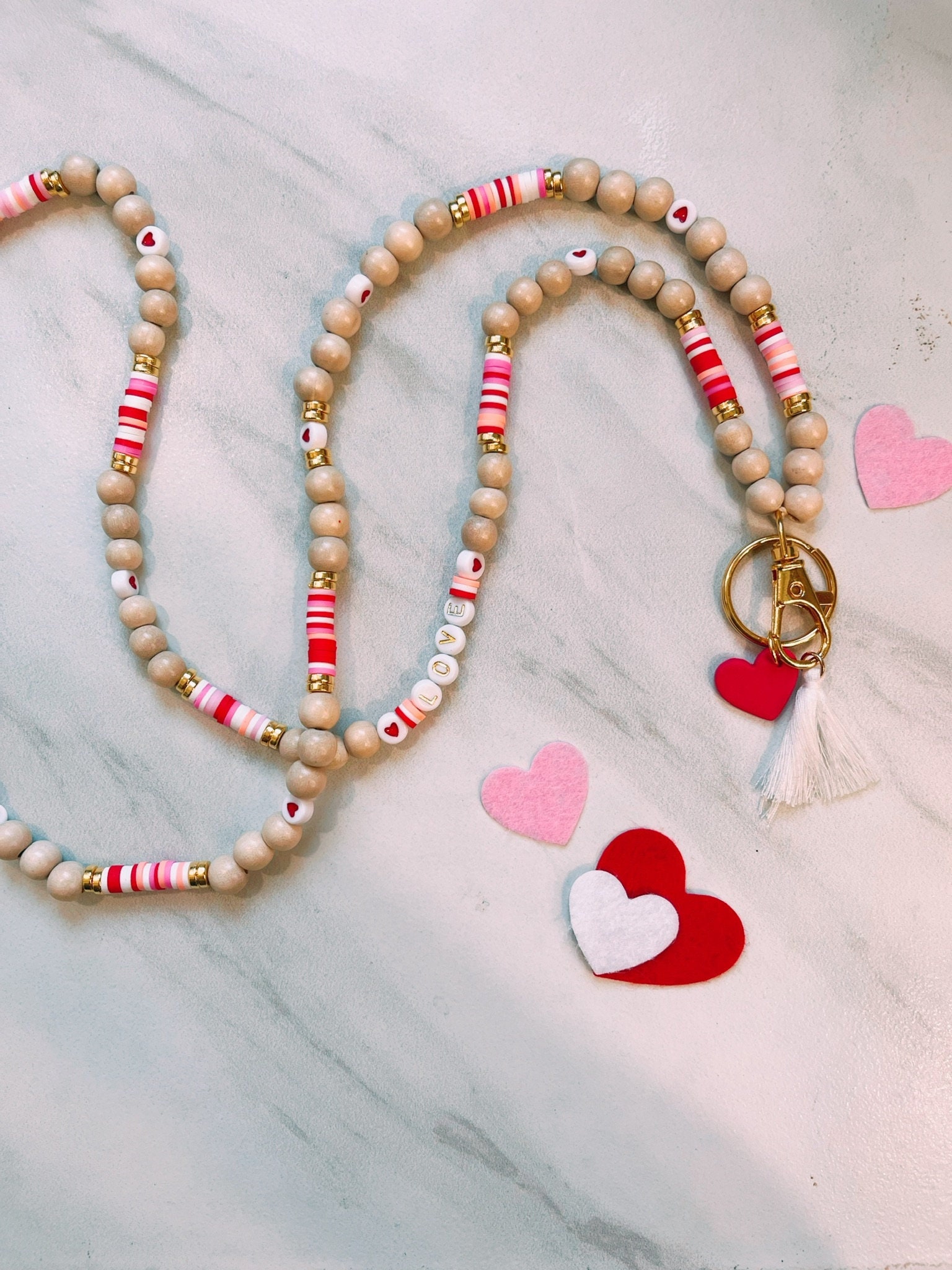 Valentine’s Day teacher lanyard, Valentine’s Day lanyard, v day gift for teacher, love lanyard, wooden lanyard, polymer clay beaded lanyard