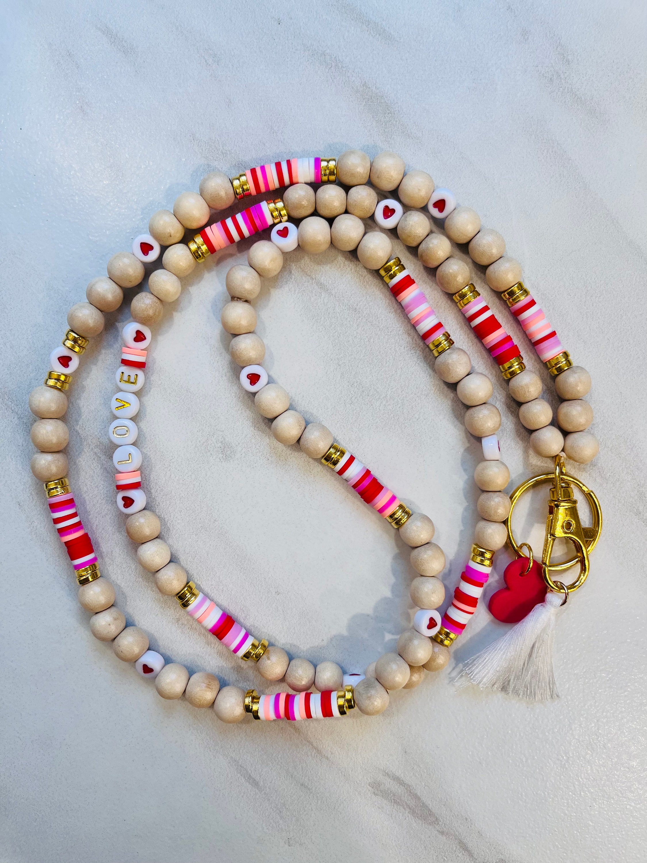 Valentine’s Day teacher lanyard, Valentine’s Day lanyard, v day gift for teacher, love lanyard, wooden lanyard, polymer clay beaded lanyard